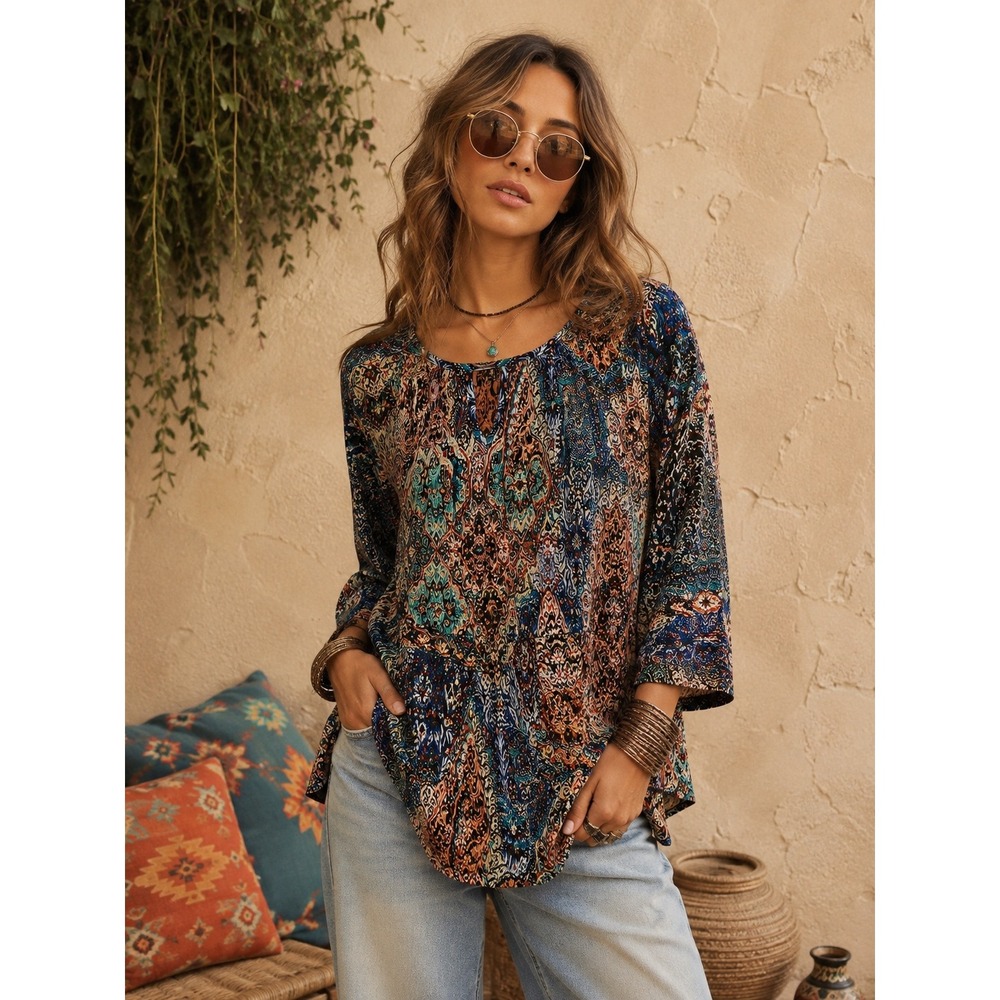 Y2K Spense Top Womens Medium Multicolor Paisley Boho Peasant Flowy Bell Sleeve